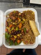 Best C15. Szechuan Spiced Chicken and Spring Roll Combo Plate in Jamaica Plain, MA